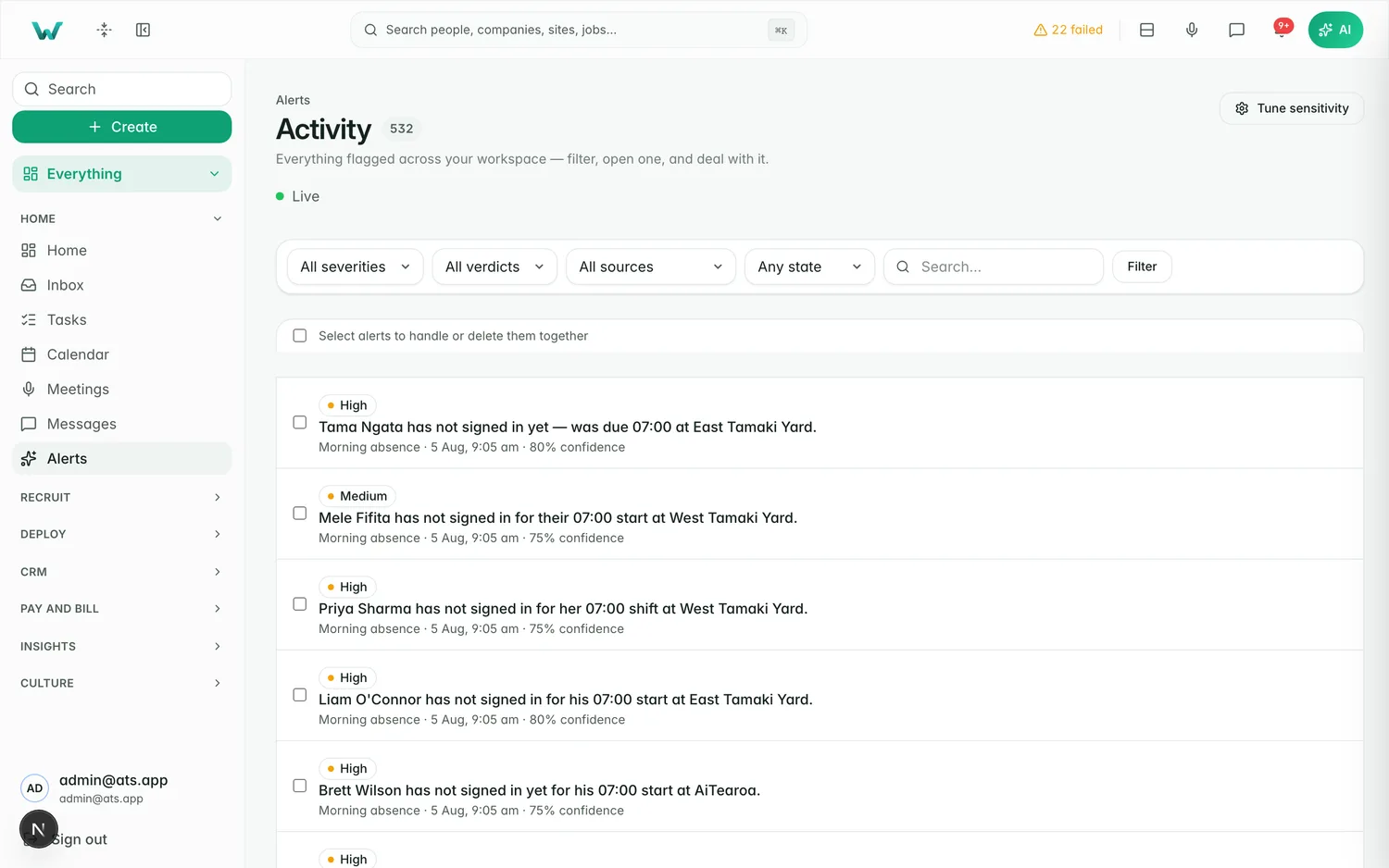 The Workhr AI Alerts screen on the demo agency