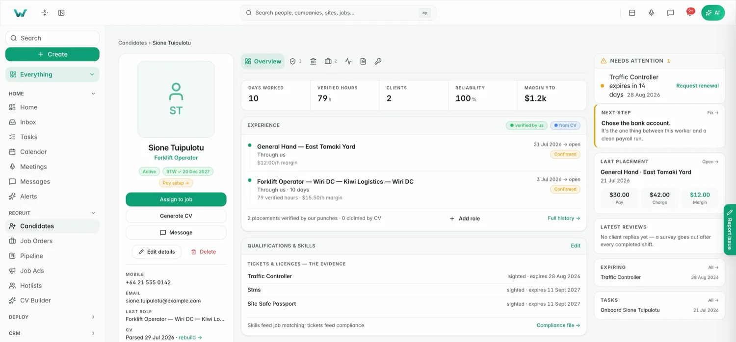 A candidate record in Workhr: tickets, compliance, availability and placement history on one screen