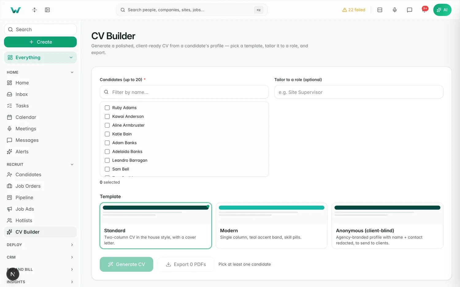 The Workhr CV builder screen on the demo agency