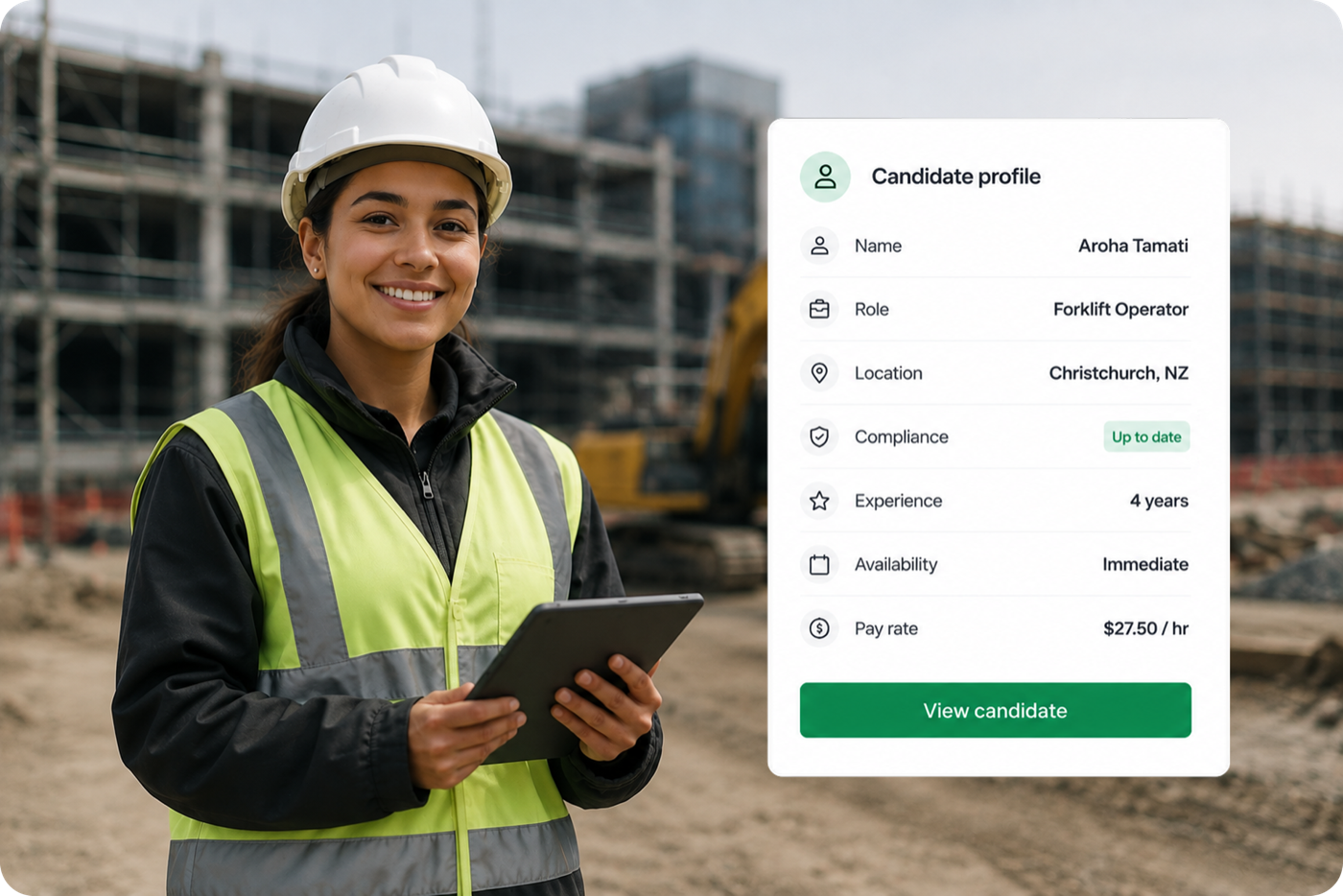 A candidate profile with role, location, compliance, availability and pay rate