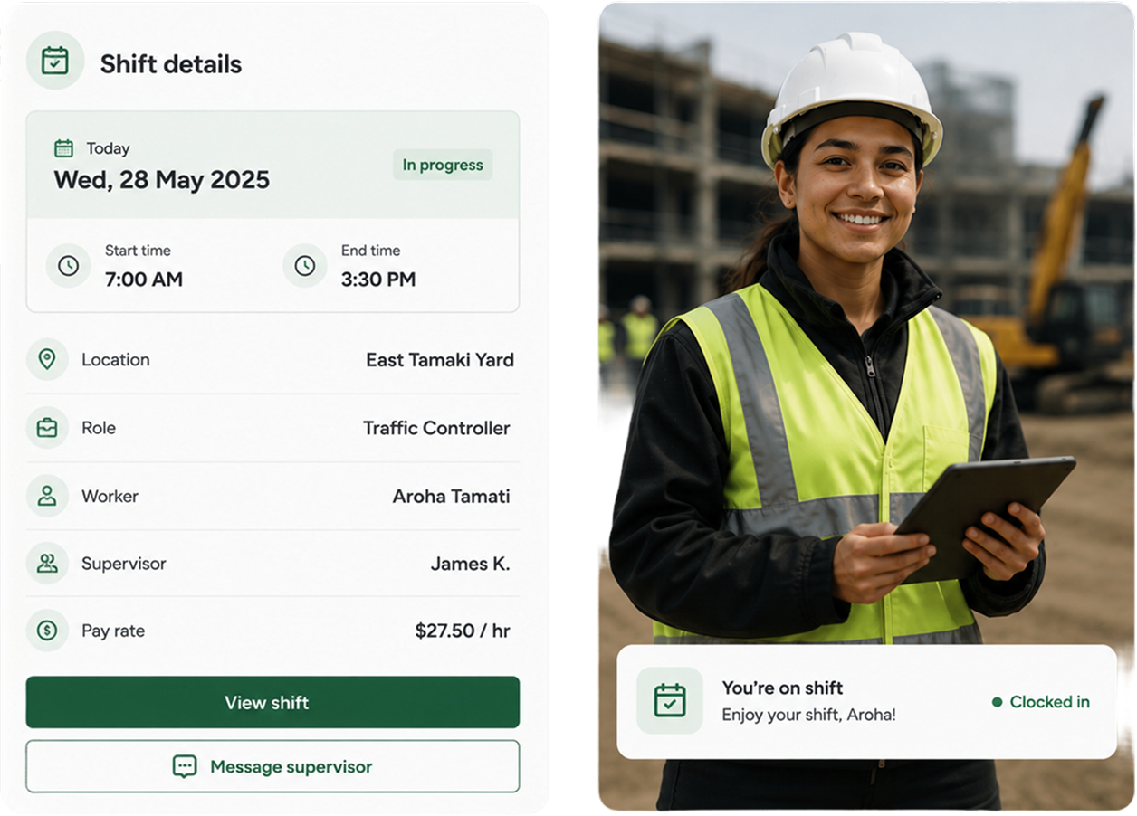 A confirmed shift with worker, site, role, time and supervisor details